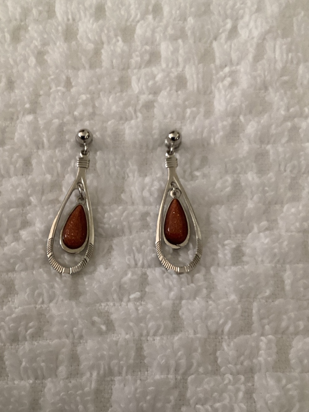 Goldstone Teardrop Dangle Earrings - Silver Setting
